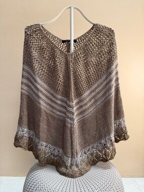 Light Brown Crochet Knit Poncho Sweater with Cream Stripes